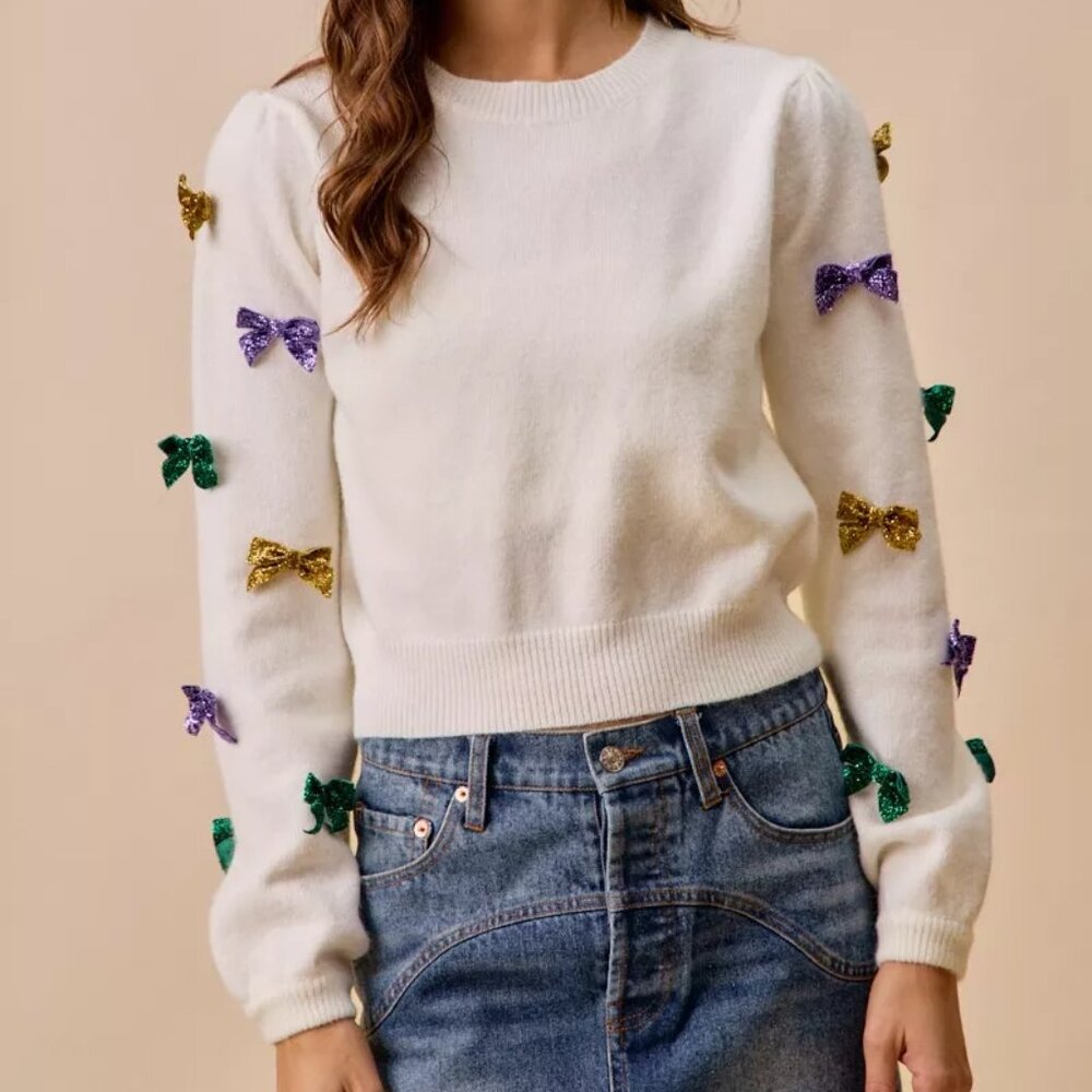 SO ME Mardi‎ Gras Glitter Bow Ribbon Sweater Knit Top